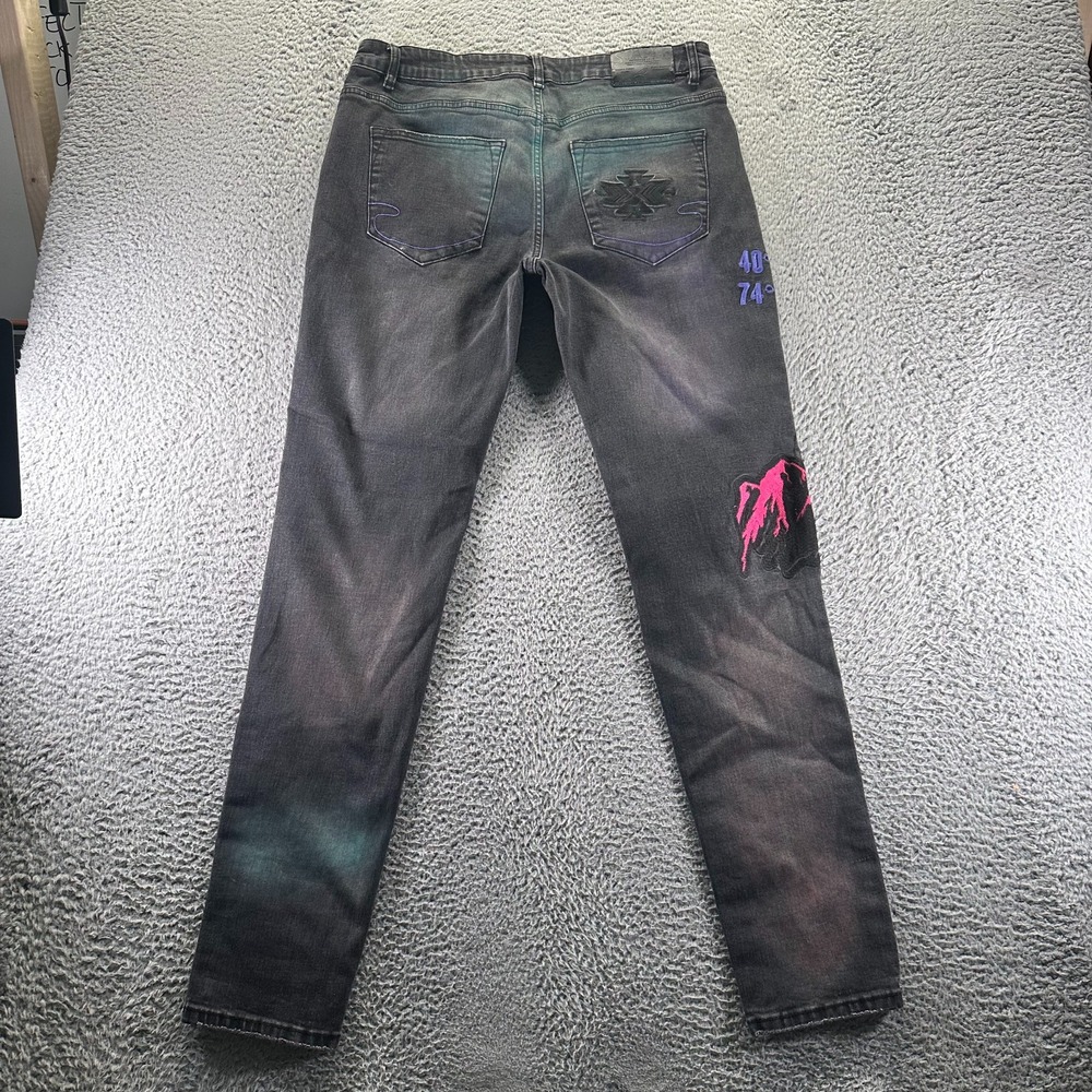 Staple Jeans Mens 34x34 Black Cotton Denim Tapered Leg Embroidery Faded Stretch